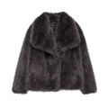 Detailed view of dark grey faux fur coat featuring fluffy texture and large lapel collar - XS / Premium Grey