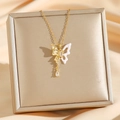 Elegant gold butterfly pendant necklace with white enamel and sparkling zircon tassels - Gold Butterfly (8715)