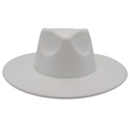 Front detail of white wide brim wool fedora hat with classic indented crown design - White