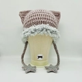 Handmade cat ear knit hat in pink brown with faux fur trim and gray star braids - Camel