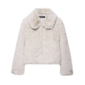 Kurze Kunstpelzjacke für Damen mit großem Revers und Reißverschluss in Hellgrau - XS / Oberteile / Weiß