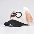 Detail of cute puppy cartoon baseball cap featuring plush ears and lamb wool texture - 55cm (Adjustable) / Patchwork Black White