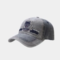 Detail of grey and blue washed cotton baseball cap with wolf embroidery and stitching - Gray