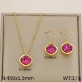Titanium steel 18k gold necklace earrings set with rose red quadrilateral zircon - Rose Red (KS110353-GC)