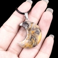 Handheld natural agate moon pendant necklace with grey and yellow stone texture - 30mm Crazy Lace Agate