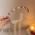 French vintage pink rose headband with pearls and white lace ribbons for girls - Cherry Pink Small Flower Garland