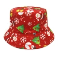 Close-up of red Christmas bucket hat with Santa Claus, snowman and snowflake pattern - M (56-58cm) / Red Christmas Print