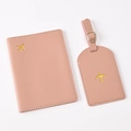 Pink PU leather passport holder and luggage tag set with golden airplane embossing - Pink Airplane