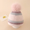 Close-up of winter knit hat featuring pink striped pattern and fluffy pom-pom detail - One Size (3-8Y) / Pink
