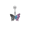 Silver butterfly belly button ring with half skull design and colorful enamel finish - Skeleton Gradient