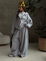 Tuta sportiva grigia due pezzi donna con felpa e pantaloni larghi a strisce blu - S / Grigio chiaro