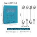 Eid Mubarak silver 4-piece stainless steel cutlery set with moon stars in a blue gift box - All Steel Silver Moon Star 4pcs Set Blue Box