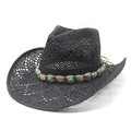 Schwarzer Cowboyhut im Ethno-Stil mit Türkis-Perlenband und breiter, geschwungener Krempe - M (56-58cm) / Schwarz