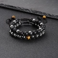 Double-layer braided natural tiger eye and matte bead bracelet with adjustable cord - Hematite & Black Agate Hand-woven Bracelet