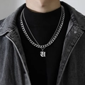 Men's silver double layer Cuban chain necklace featuring a gothic letter U pendant charm - Letter U (Double Chain + Pendant)