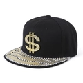 Black hip hop snapback cap with golden dollar sign and rhinestone details on brim - Black