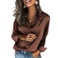 Elegant brown long sleeve satin shirt with silky finish and button-down collar - S / Brown