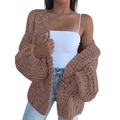 Macro detail of brown chunky knit mohair cardigan showing thick cable stitch texture - S / Coffee