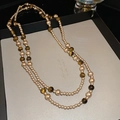 Vintage long necklace with champagne pearls and tiger eye stone beads in a classic style - Champagne Multi-size Pearl Tiger Eye Necklace