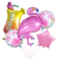 Detail of flamingo and tropical star foil balloons for Hawaiian theme party decoration - Flamingo Juice Style