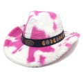 Detalle de sombrero vaquero de felpa con estampado de vaca rosa y estrellas metálicas - M (56-58cm) / Copa de Corazón Rosa Rojo