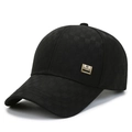 Men's black baseball cap with plaid texture and gold metal fashion side detail - Adjustable / Black with Square Label