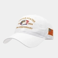 Detail of white 250th anniversary baseball cap with eagle embroidery and USA flag label - Adjustable / White