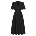 Elegant black deep V-neck maxi dress with puff sleeves and layered skirt design - S / Black