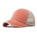 Distressed coral orange and beige mesh baseball cap with vintage frayed hole details - Adjustable / Orange Red