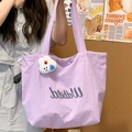 Student tote bag in light purple fabric with drawstring and cute plush rabbit charm - Purple with Rabbit Charm