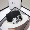 French vintage flat top straw hat with bicolor camellia flowers and pearl chain details - Adjustable / Black Top