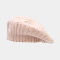 Close-up of pink rabbit fur knit beret showing textured cable pattern and ribbed edge - One Size / Pink