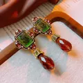 Vintage gold oval earrings with green relief and red faceted teardrop charms - Gold Square Green Relief Style (17#)