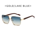 Fashionable square gold frame sunglasses with lake blue gradient lenses and wood grain temples - Gold Frame Blue and Yellow Gradient Lens