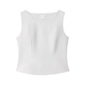 Women's chic white sleeveless linen top with a back button and waist pleats design - S / White Top