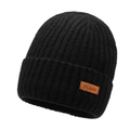 Gorro de punto acanalado negro para hombre con etiqueta de cuero marrón grabada - Negro