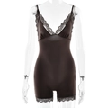 Detail of black lace trim on V-neck bodysuit with smooth adjustable straps - S / Coffee