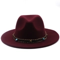 Detail of burgundy fedora hat with woven band featuring gold studs and turquoise stone - M (56-58cm) / Burgundy