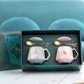 Ceramic marble mug set with golden spoons in a teal gift box, grey and pink couple's cups - Fine Diamond Couple Mug Set with Lid