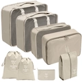 8-piece beige travel organizer set with mesh packing cubes and shoe bag for luggage - Drawstring Bag 8-Piece Set / Beige