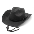 Western black straw cowboy hat with wide roll-up brim and adjustable chin strap - M (56-58cm) / Black