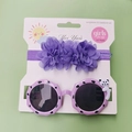 Close-up of baby girl purple floral headband and matching panda polka dot sunglasses set - Purple Chiffon Flower Set