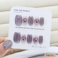 Purple cat-eye press-on nails with silver glitter edges and bow accents in four sizes - XS (FM151-XS)