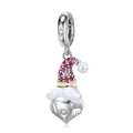S925 silver Christmas gnome charm with red cubic zirconia hat and white pearl - Santa Claus