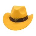 Gelber Cowboyhut mit breiter Krempe und Lederband mit Vintage Bullenkopf-Dekor - Einheitsgröße / Gelb (Goldener Stier)