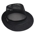 Detail view of black mesh fedora featuring a breathable crown and leather band with buckle - Black