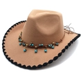 Camel western fedora hat with turquoise beads, bronze charms and black stitched edges - M (56-58cm) / Camel