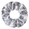 Détail d'un chouchou en satin blanc avec motifs de volleyball noirs et texture soyeuse - Volleyball Blanc Uni