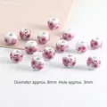 8mm ceramic beads with pink plum blossom pattern and 3mm hole for DIY jewelry - 8mm Rose Red Plum Blossom