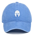 Detail of white Spartan helmet embroidery on blue washed cotton baseball cap - One Size / Light Blue